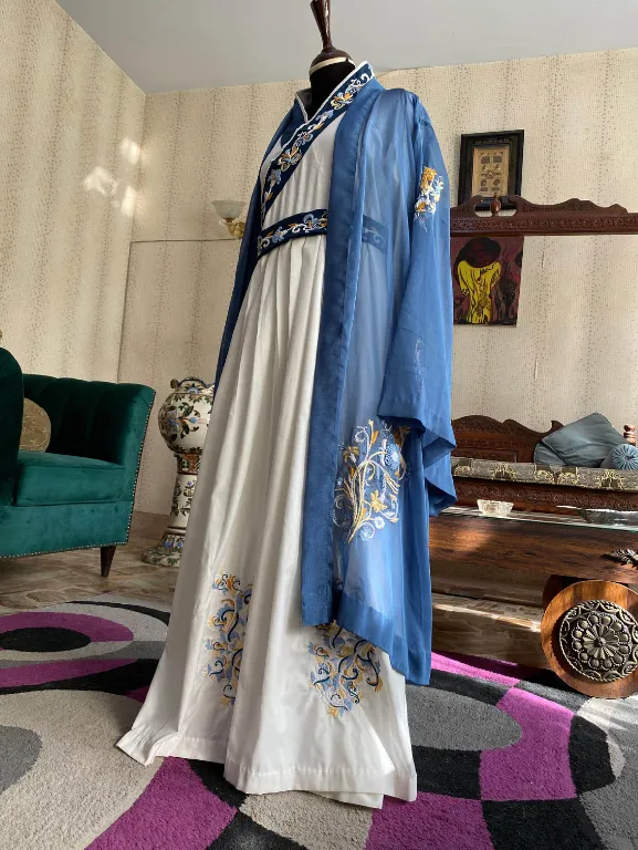 Blue and white embroidered hanfu-style robe